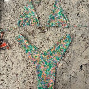 Kulani Kinis Green Floral String Bikini with Pink & Orange Accents